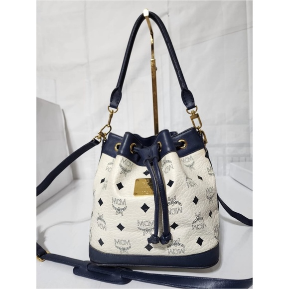 MCM Handbags - Authentic MCM 2way Visetos Small Drawstring Shoulder Bag White/Navy Blue
